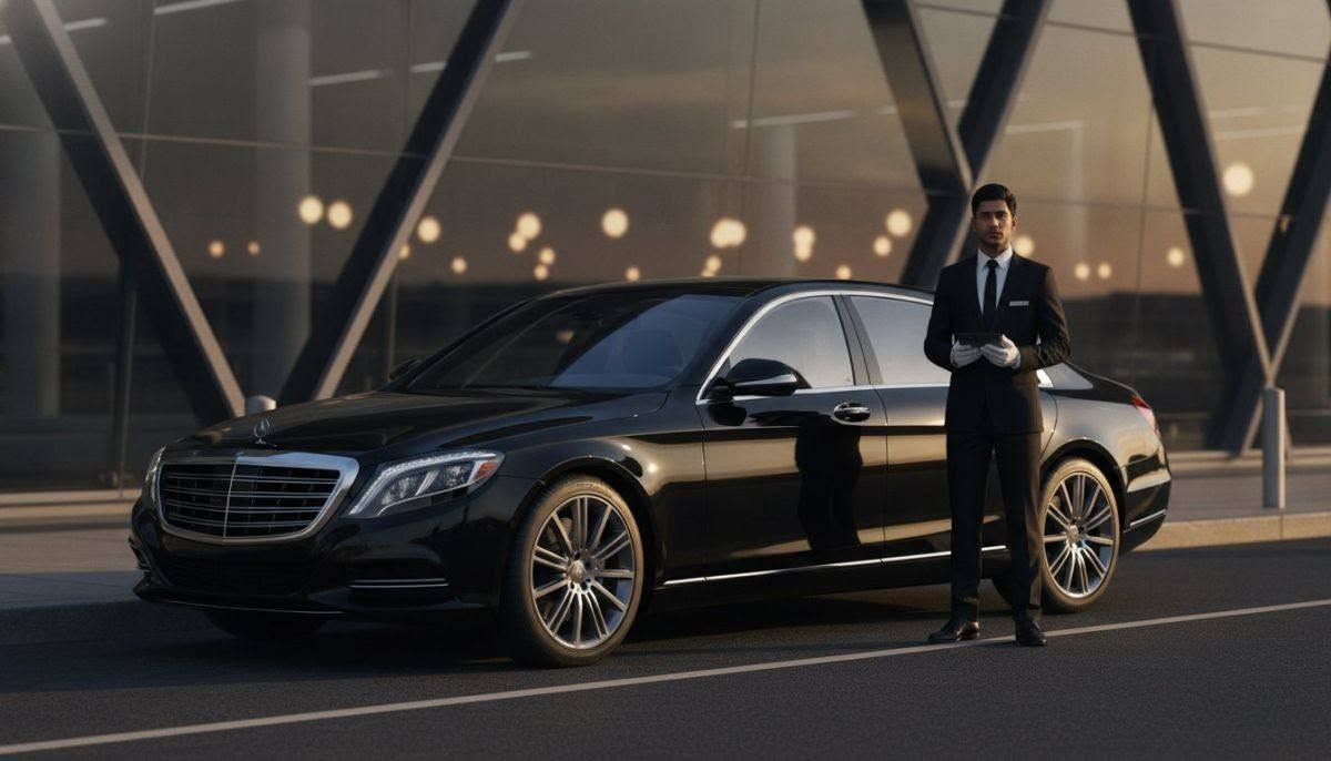 Black luxury sedan parked outside a modern building, with a person in a suit standing beside it.