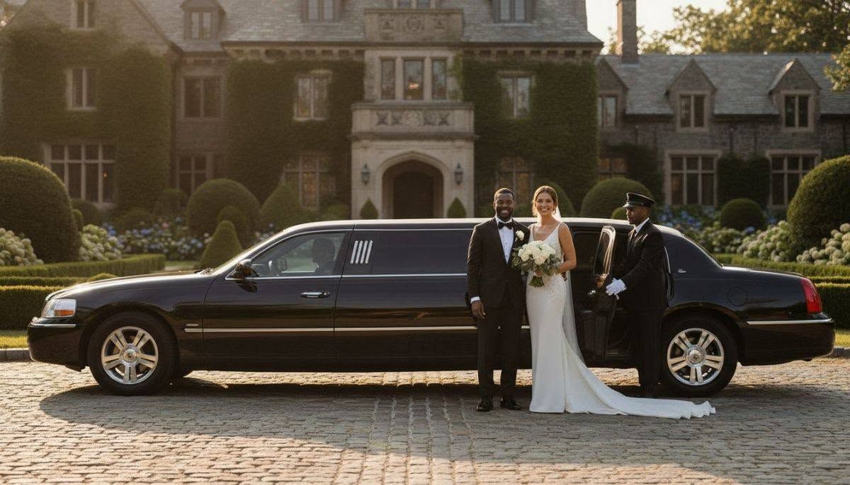 Bride and groom posing by a black limousine in front of a grand estate
