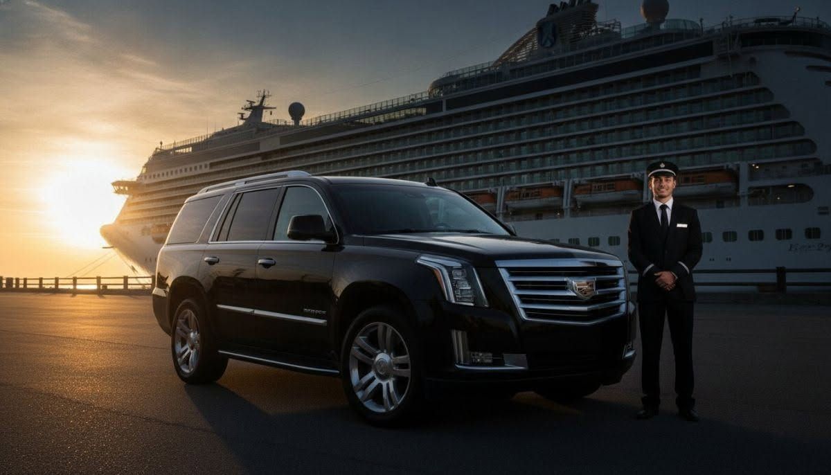 Black SUV and uniformed chauffeur at sunset beside a cruise ship docked in port