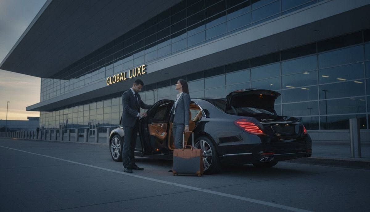 Person loading luggage into a black sedan outside a modern airport terminal at dusk