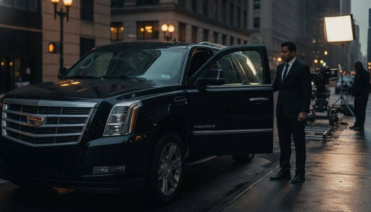 Black SUV parked on a wet city street with a suited man standing by the open rear door.