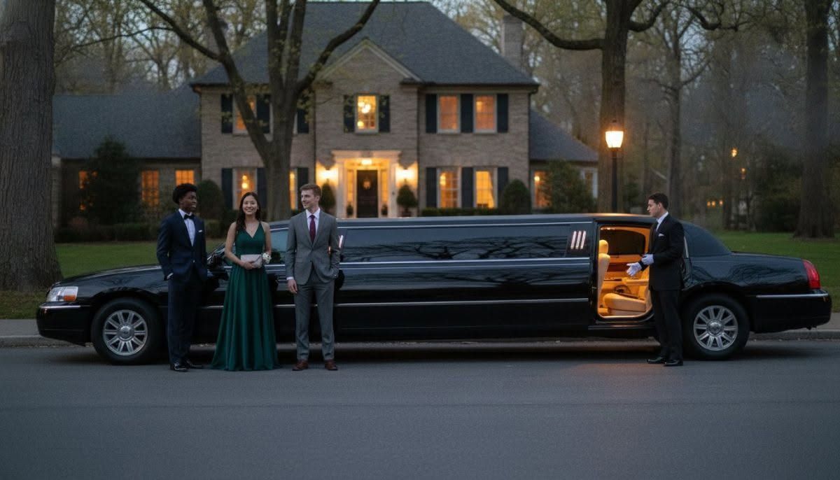 People posing beside a black stretch limousine outside a house at dusk
