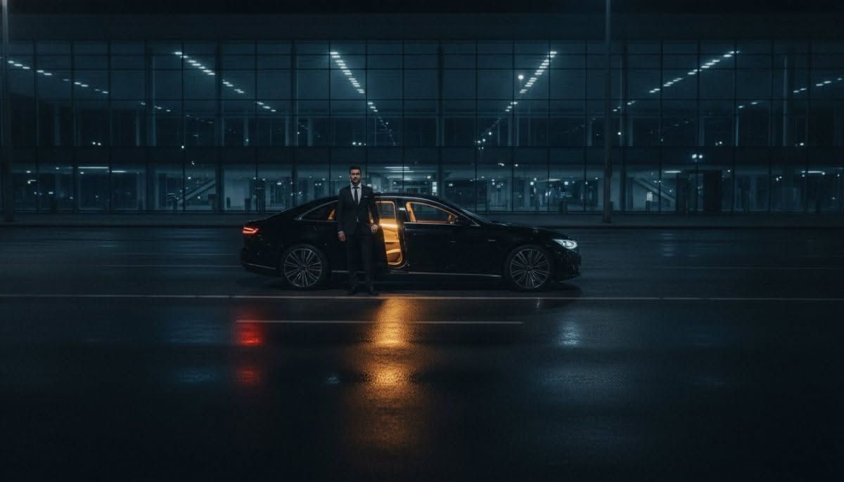 Black sports car with a person by the open door in a dim industrial garage at night
