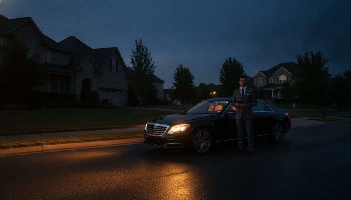 Person standing by a car on a dark suburban street at dusk, headlights on and wet pavement reflecting light