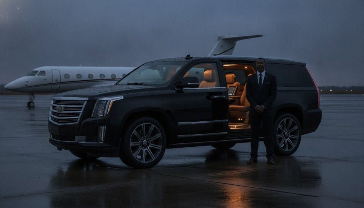 Black SUV with open door on a wet tarmac beside a private jet at dusk