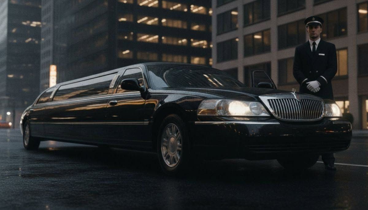 Black stretch limousine outside a city building, with a chauffeur standing beside it at dusk