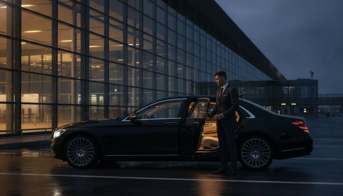 Man standing by an open car door outside a modern glass building at dusk in the rain