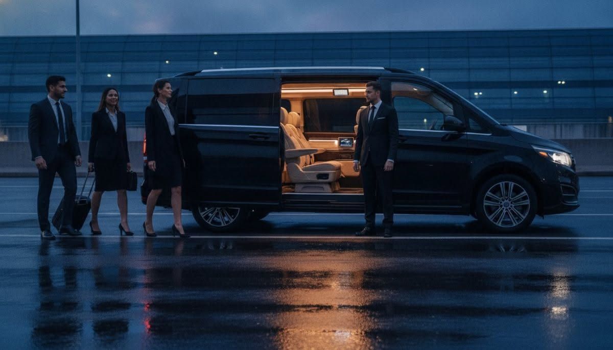 People beside a black van with open side door in a rainy parking lot, warm light inside