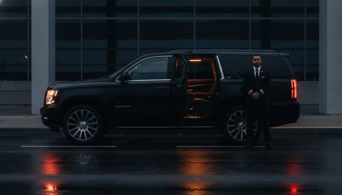 Black SUV with open rear door at night outside a building, man standing beside it on wet pavement