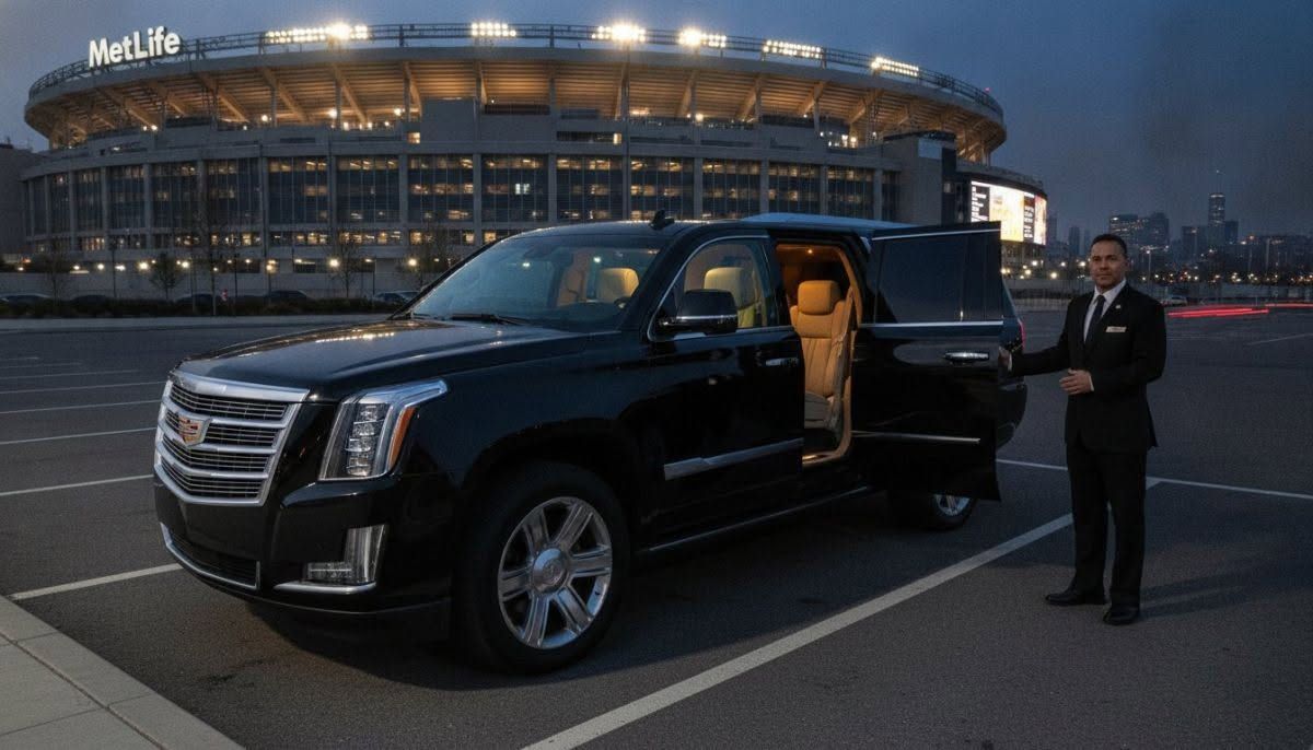 Black Cadillac SUV with open door outside a stadium at dusk, a valet standing nearby.