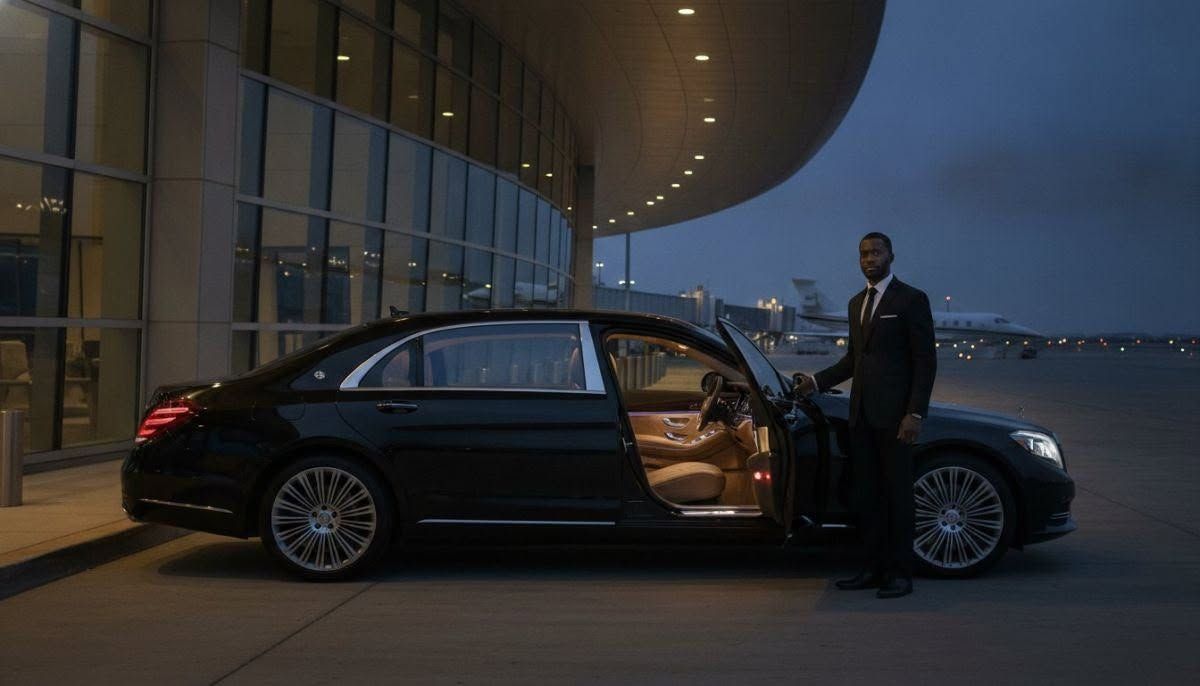 Black luxury sedan with open door outside a lit building at night, driver standing beside it