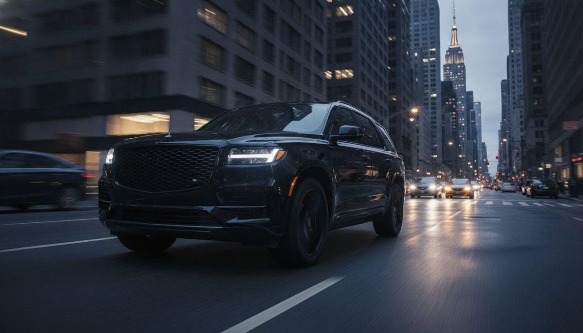 Black SUV driving through a city street at dusk with wet pavement and tall buildings in the background