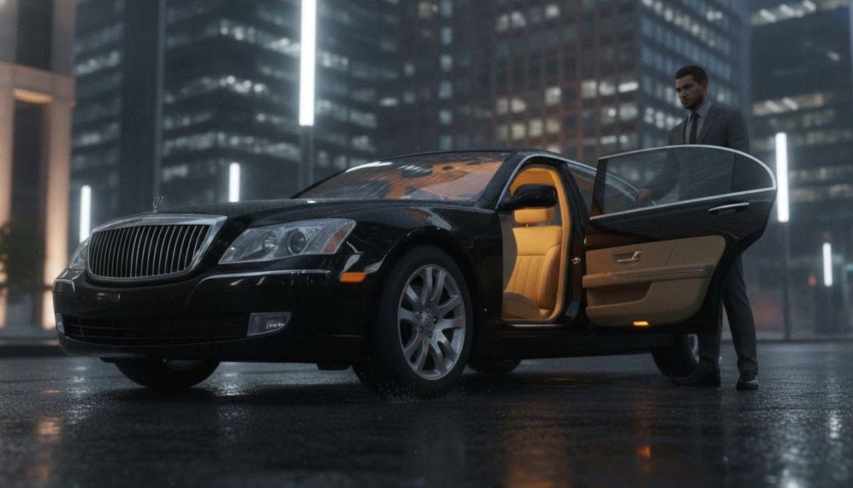 Black luxury sedan with open door in rainy city at night; person stands beside it.