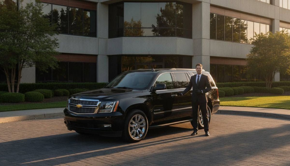 Black SUV parked outside a building, with a person standing beside the driver's door.