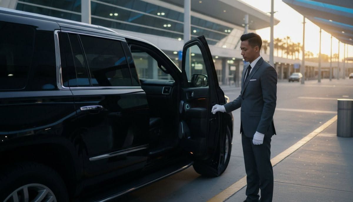 Driver in a suit opening the door of a black SUV outside an airport terminal at sunset