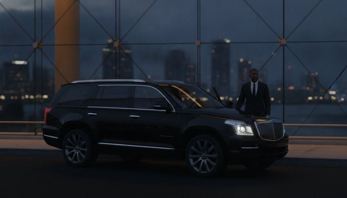 Black SUV parked at night with a man standing beside it on a bridge, city lights in the background