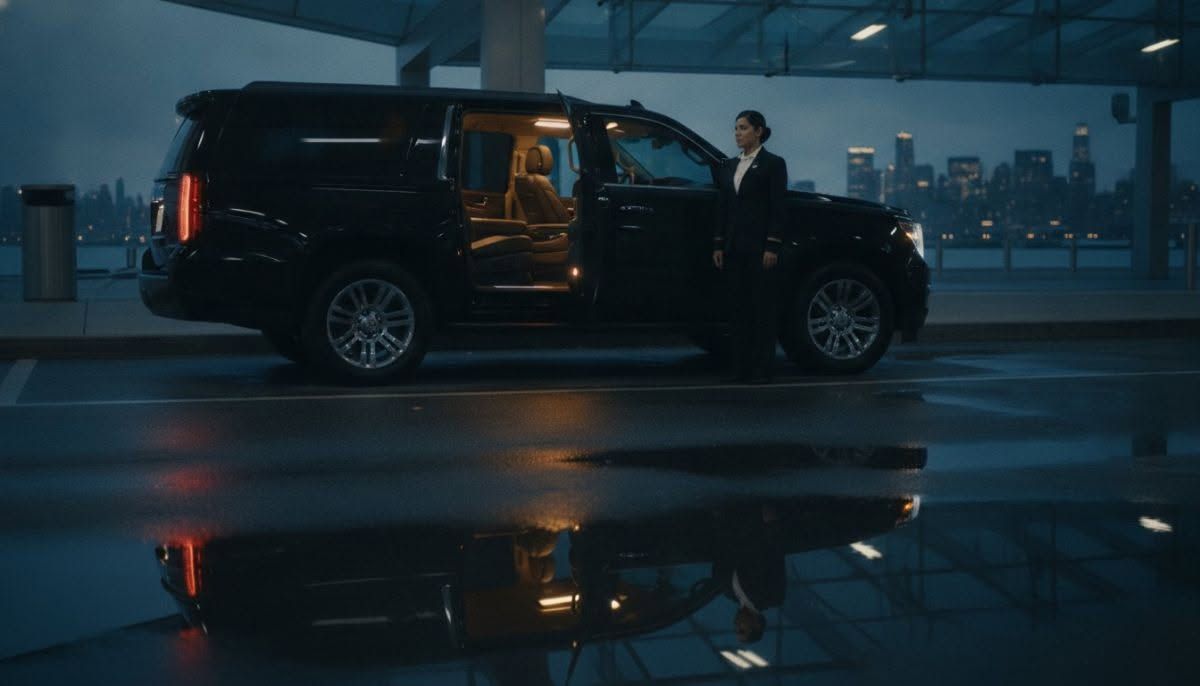 Black SUV with open door at a rainy airport terminal, reflected in the wet pavement at night