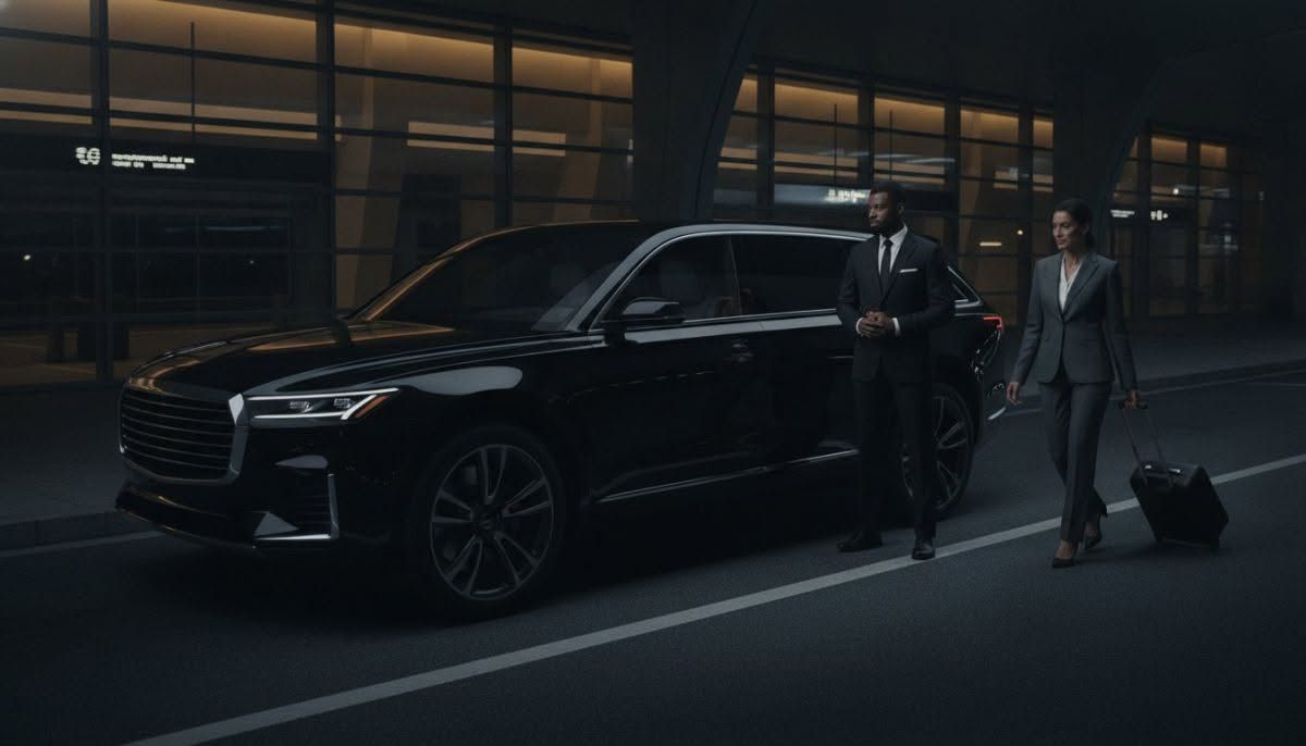 Two people in suits walking beside a black luxury SUV at night, one pulling a small wheeled bag.