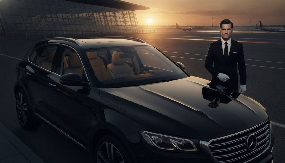 Black luxury sedan at sunset with a suited man standing by the front hood on a waterfront road.