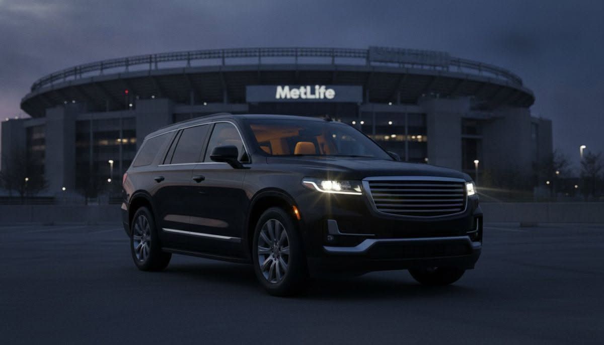Dark SUV parked outside a lit MetLife Stadium at dusk