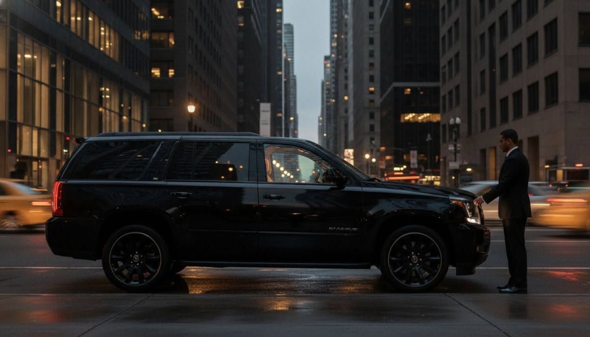 Black SUV stopped on a wet city street at dusk, with a person standing by the front passenger door.