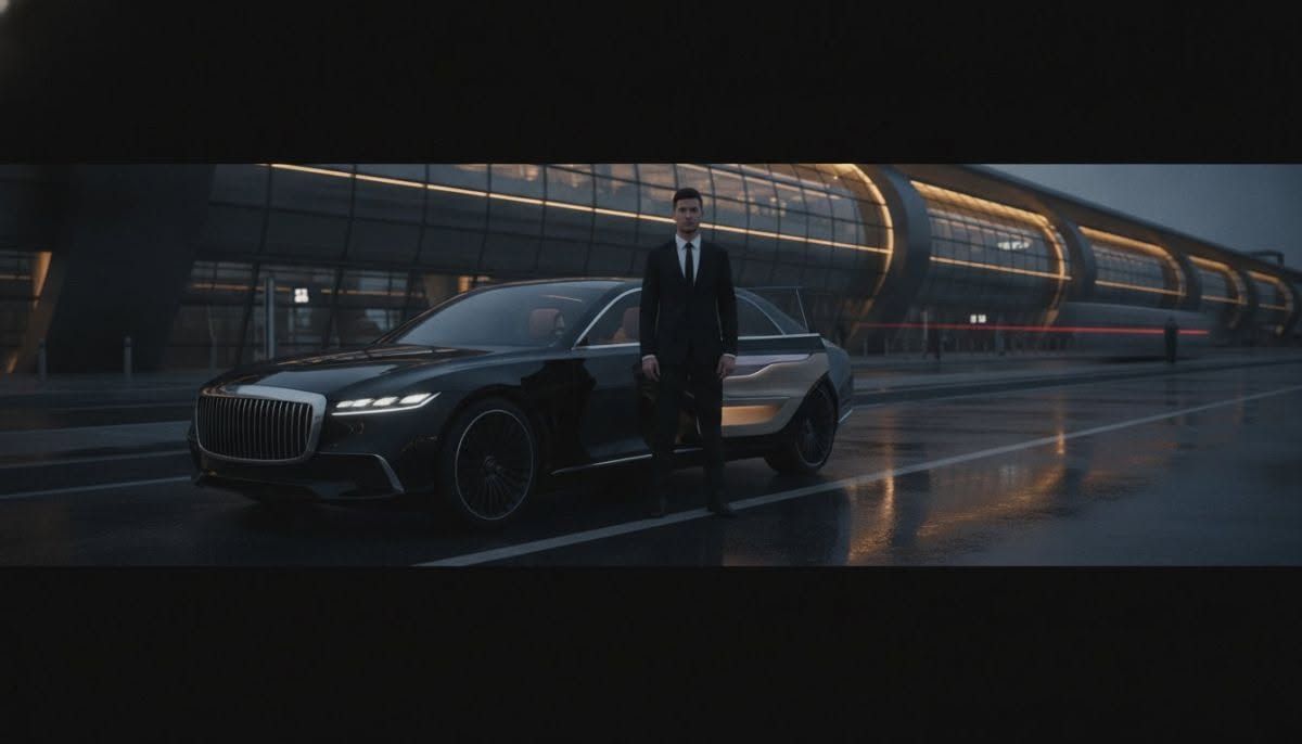 Man in a suit standing beside a black sports car on a rainy, futuristic street at night