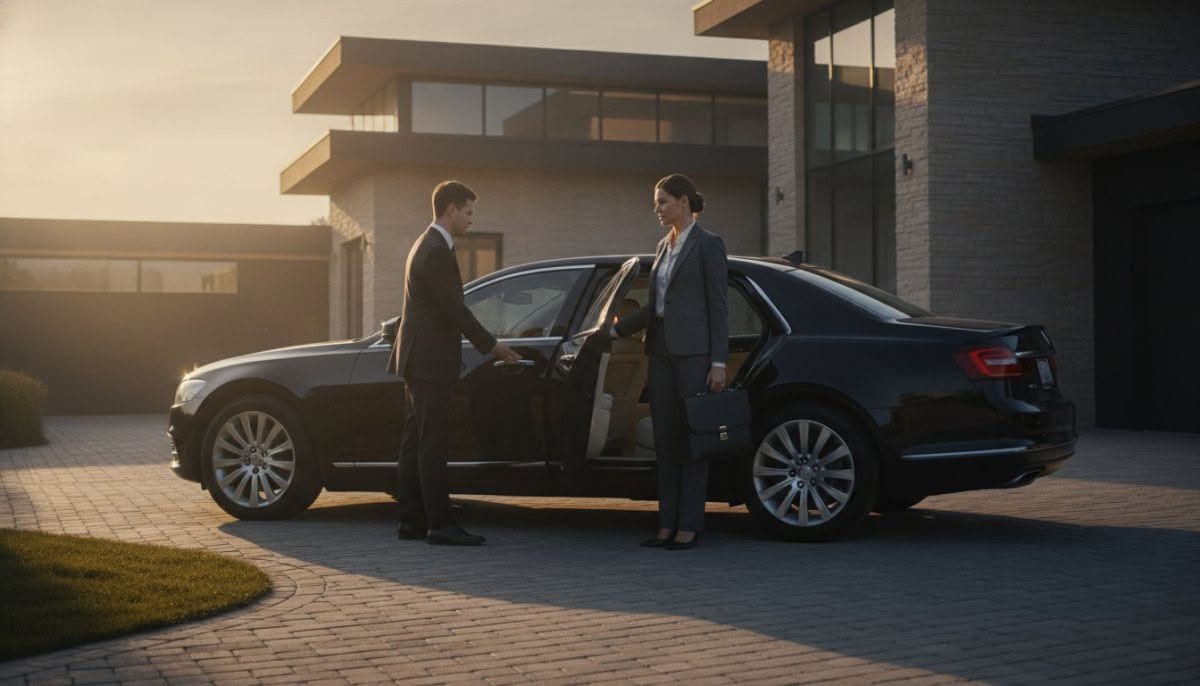 Two suited people talk beside a black sedan outside a modern building at sunset