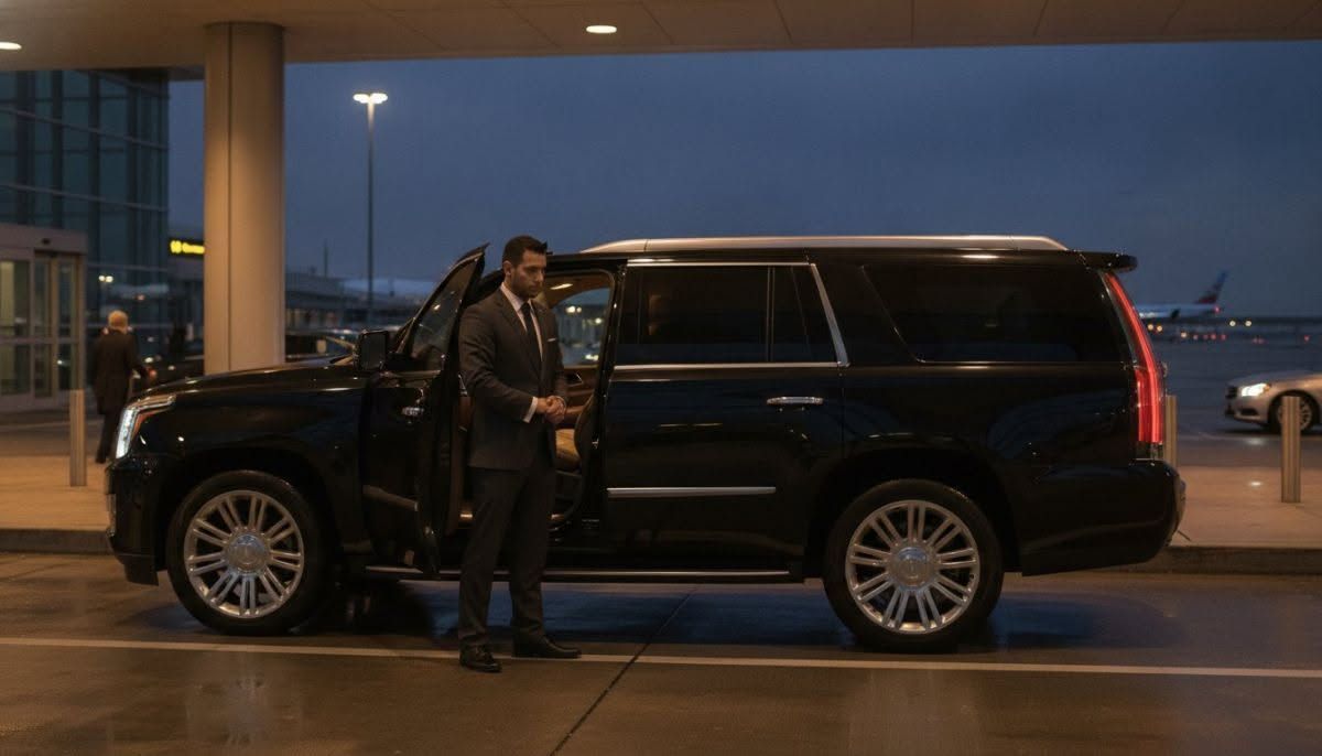 Person standing by an open black SUV at an airport curb at dusk