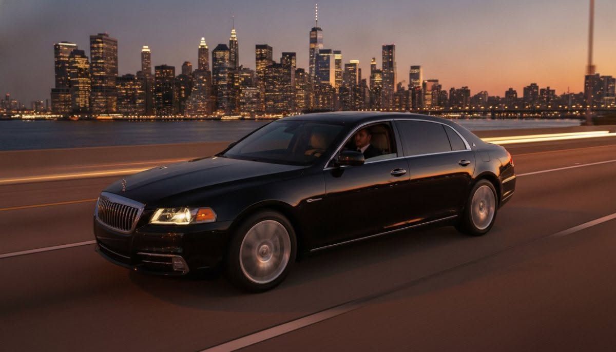 Black sedan driving on a highway at dusk with a city skyline in the background
