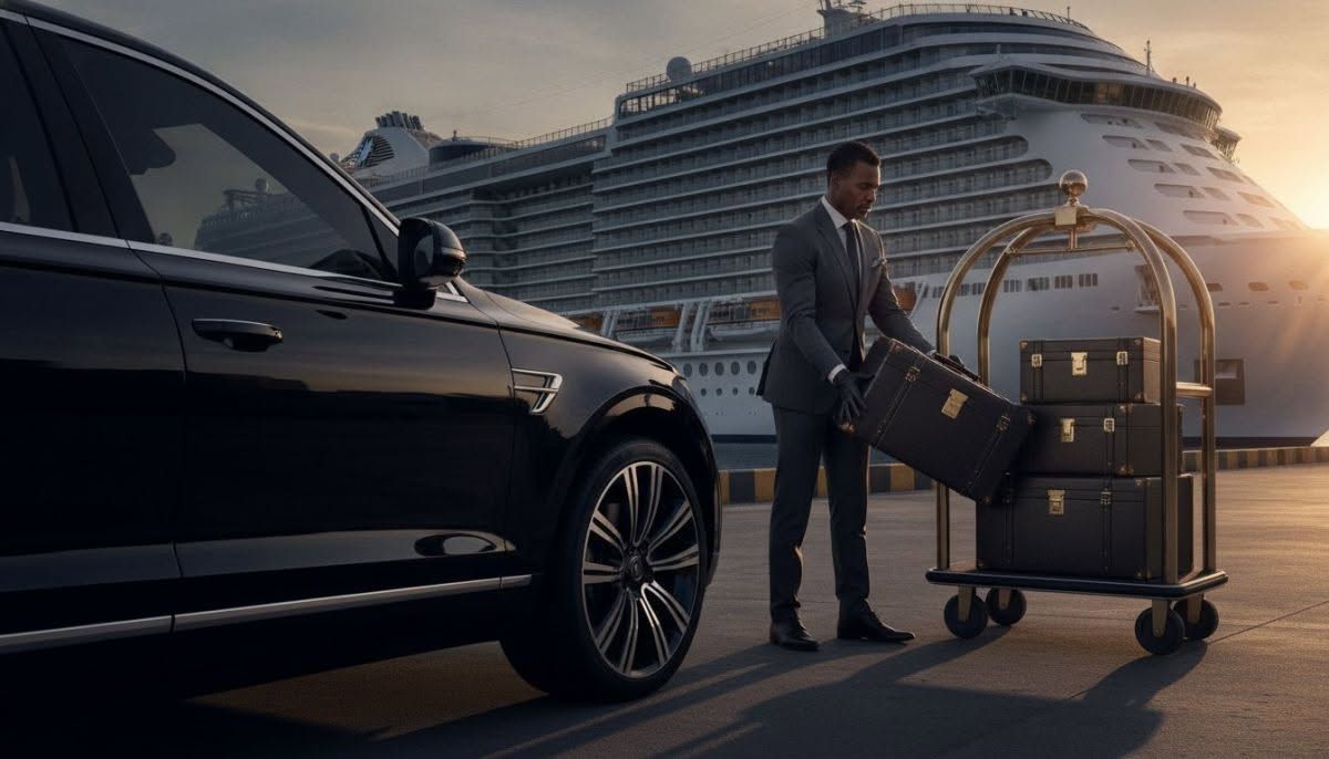 Man in suit loading luggage into a luxury car near a hotel at sunset