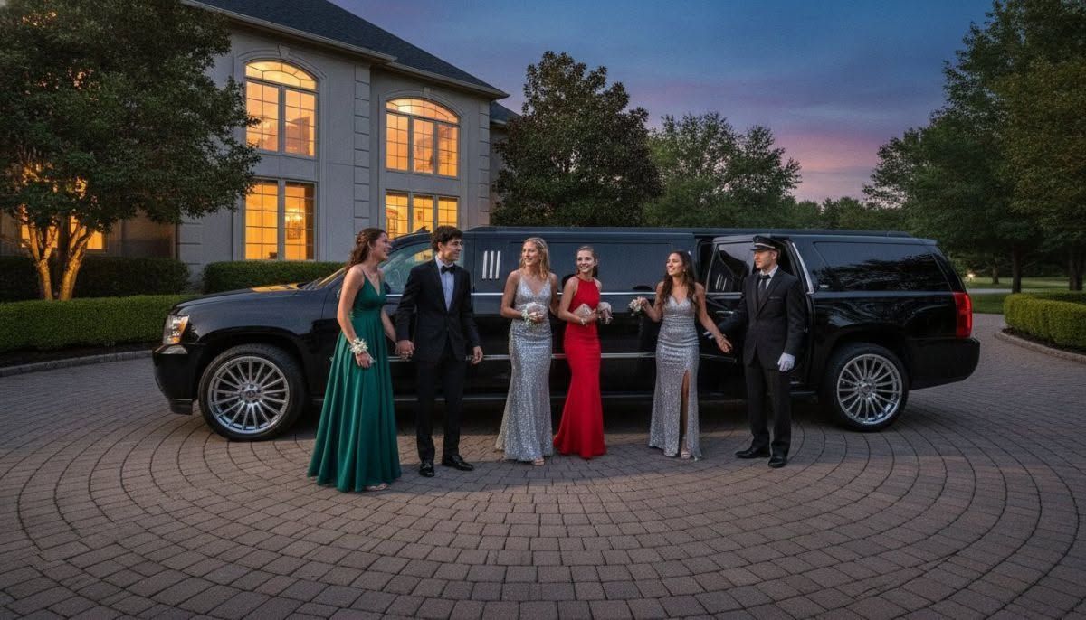 Group posed beside black SUV in front of a lit house at dusk, with one woman in a red dress center.