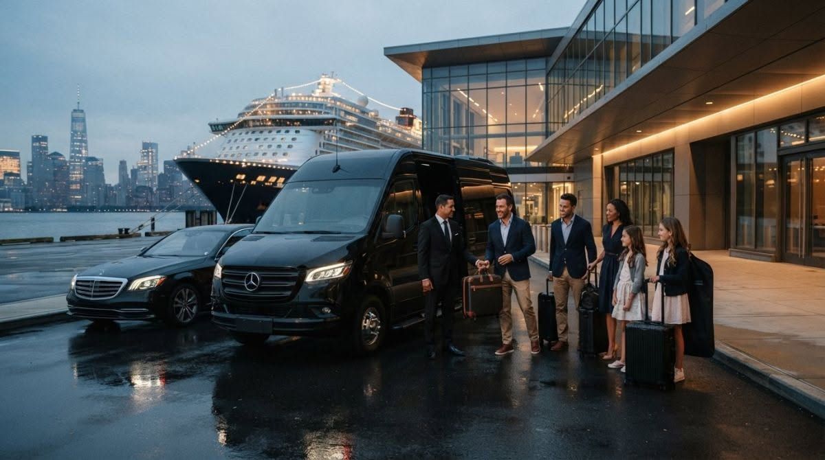 People beside black SUVs at a modern waterfront hotel entrance at dusk