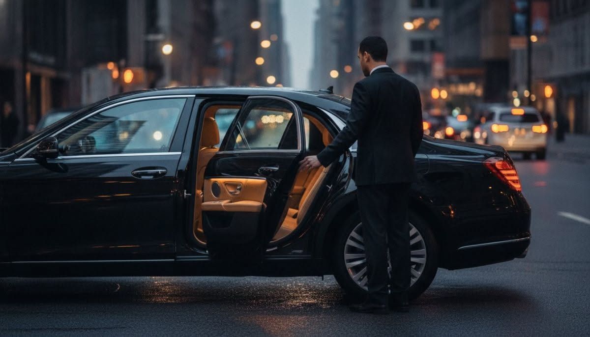 Black sedan at night with a man opening the rear door on a wet city street.