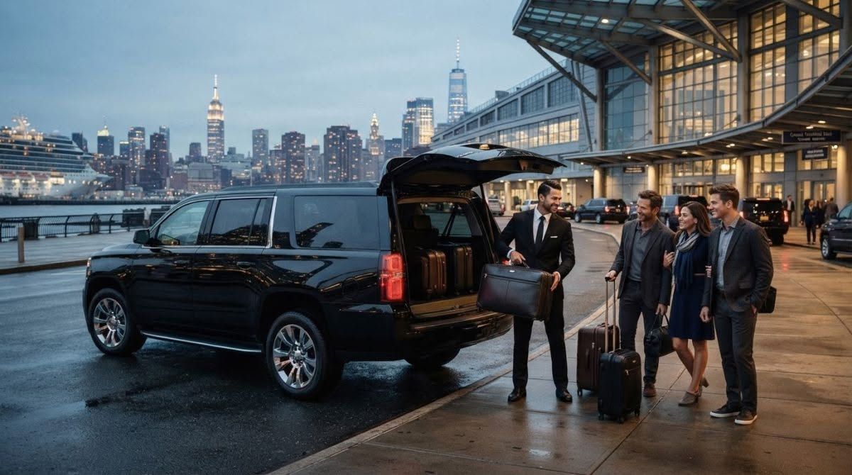 SUV beside a waterfront terminal as a small group of people stands nearby at dusk, city skyline in background