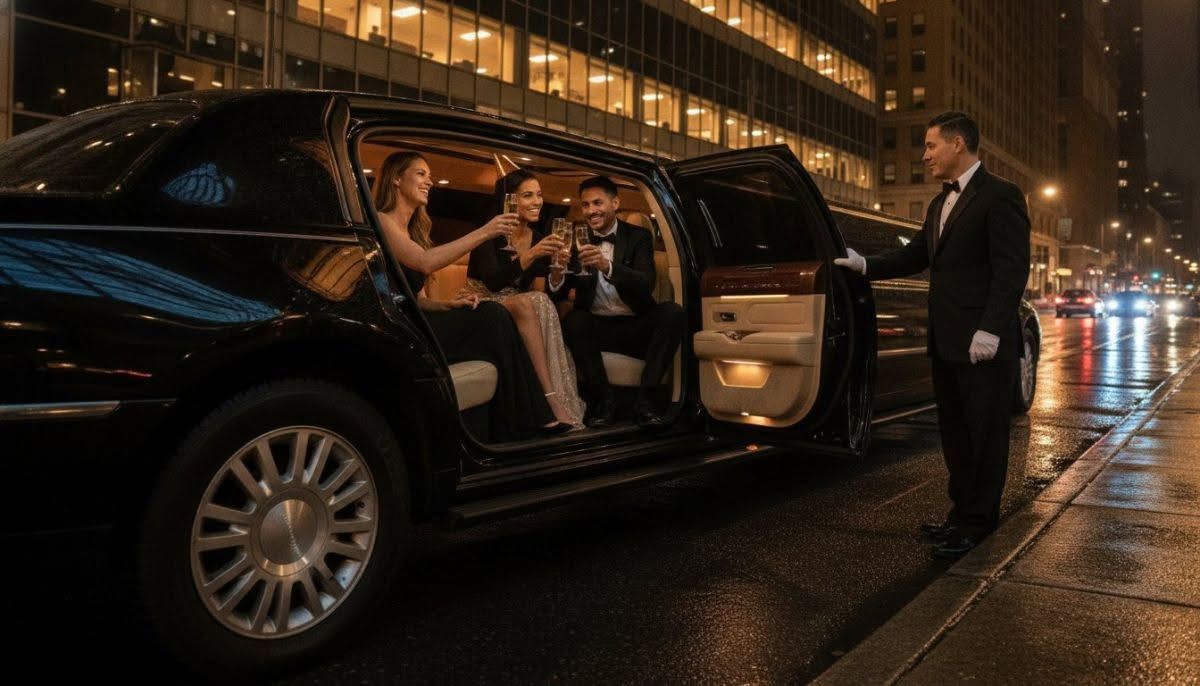 A black limousine with passengers waiting at a rainy city curb, a driver standing by the open door at night.