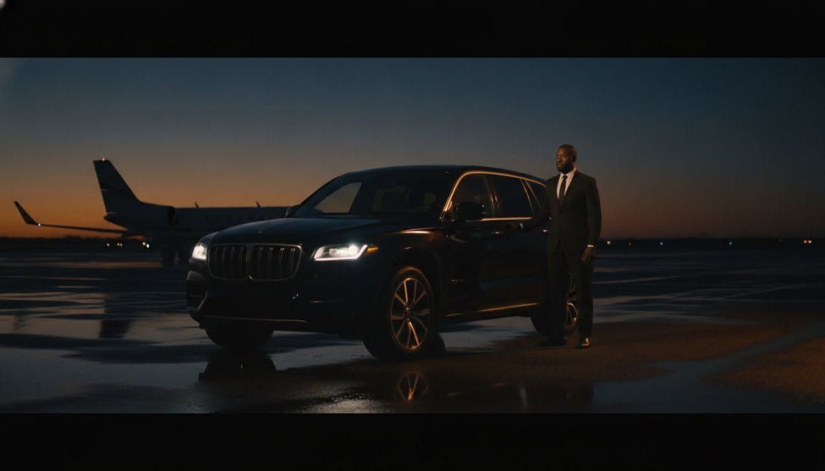 Black SUV on a runway at dusk with a suited man standing beside it and a private jet in the background