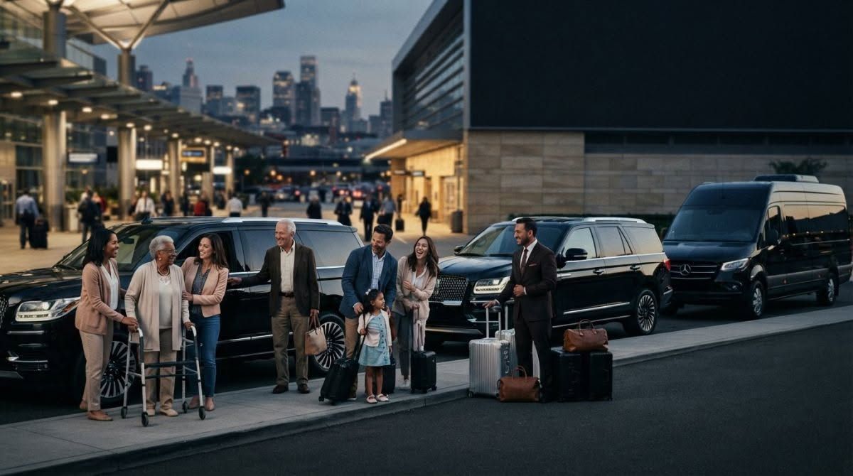 Travelers with luggage stand outside a terminal, waiting by parked cars under an overhang.
