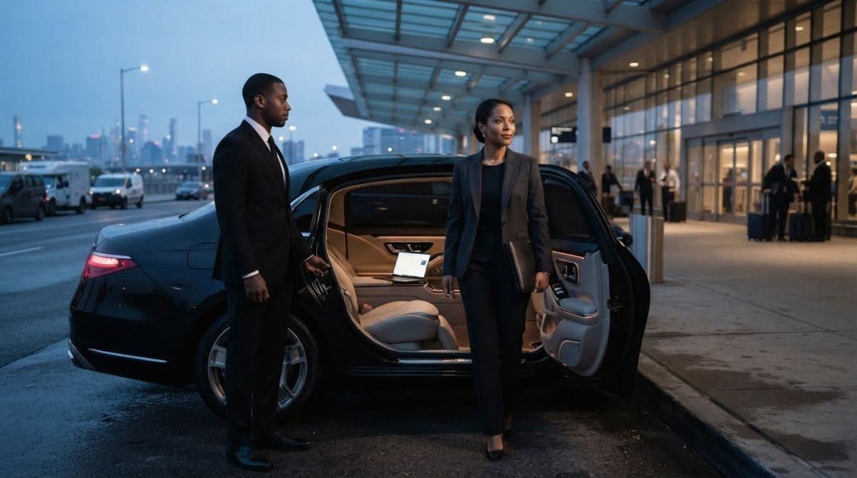 Two people beside an open black sedan at a modern building entrance at dusk