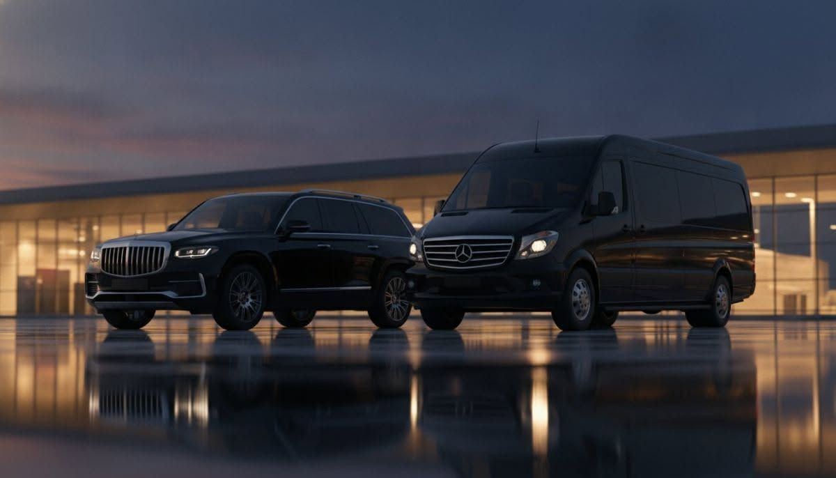 Two black Mercedes vans parked on a wet runway at dusk, with city lights reflected on the ground