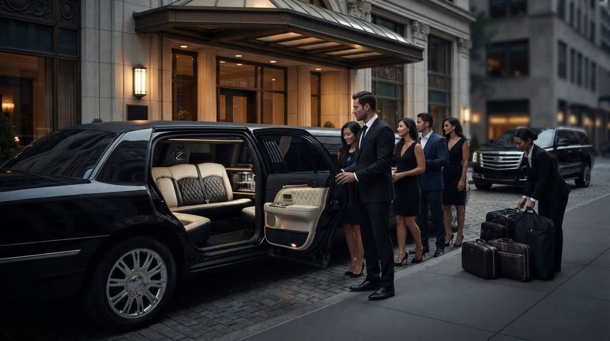 People loading luggage into a black limo on a city street at dusk