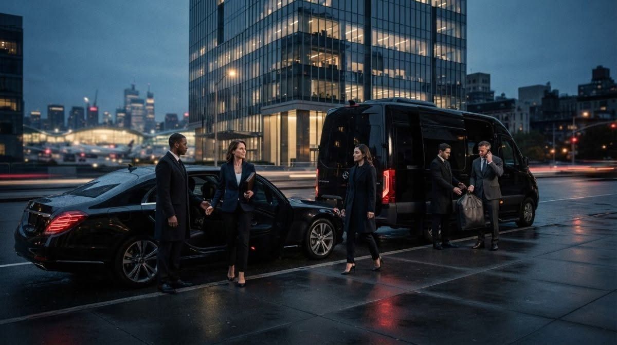Men in dark suits stand by black vehicles on a wet city street at dusk, with glass buildings glowing behind them