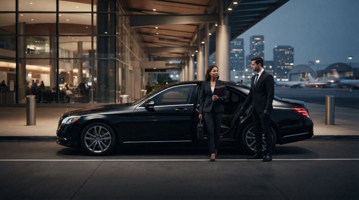Two people stand beside a black sedan outside a modern building at dusk with city lights in the background