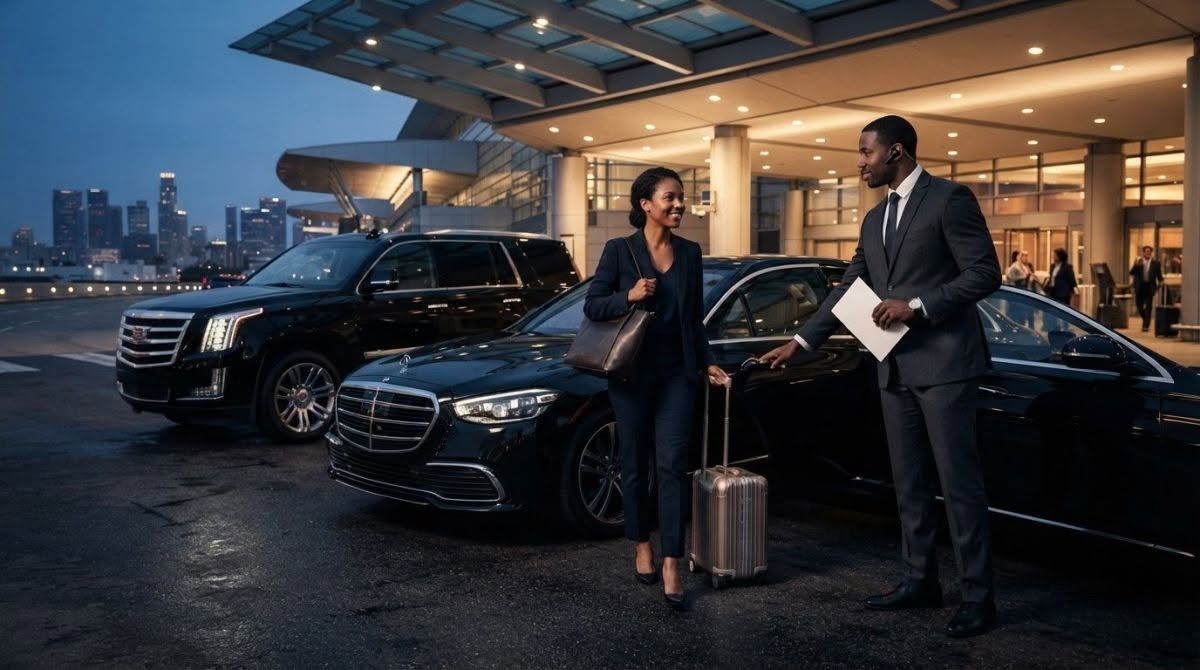 Luxury black cars outside a hotel; a woman with luggage and a suited man stand by the entrance.