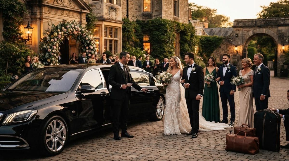 Wedding party beside black car outside stone venue at dusk