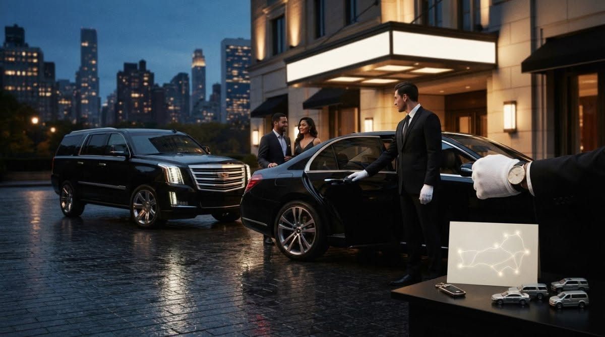 Luxury cars outside a modern building at night on a rainy city street, with a valet in a suit.