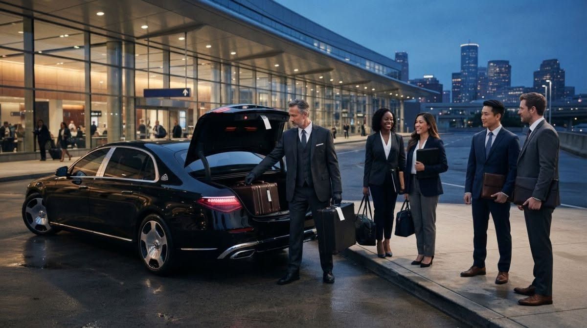 Black luxury sedan with open trunk outside a glass-front building, with five people standing nearby at dusk
