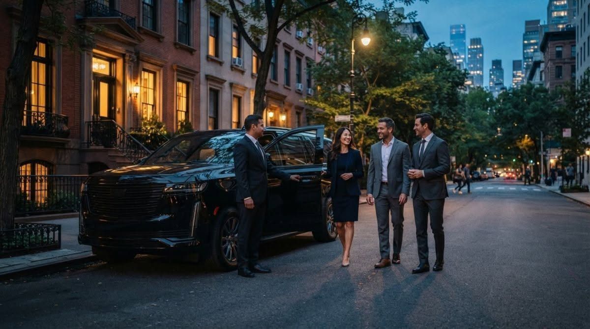 People standing beside a black SUV on a city street at dusk, with buildings and lights in the background.