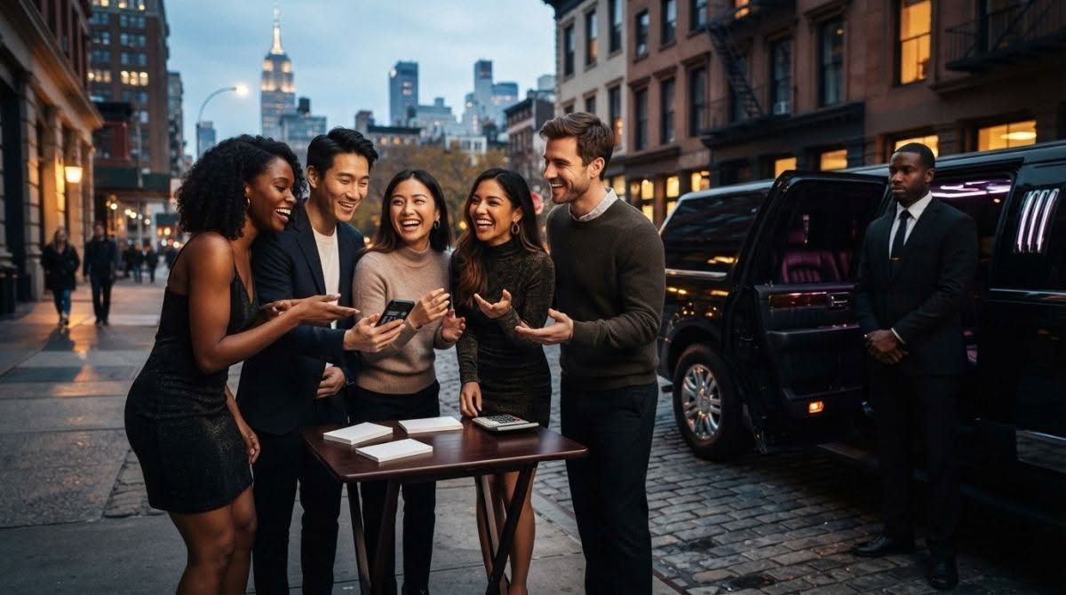 Five friends chatting and holding drinks at a small outdoor table on a city street at dusk