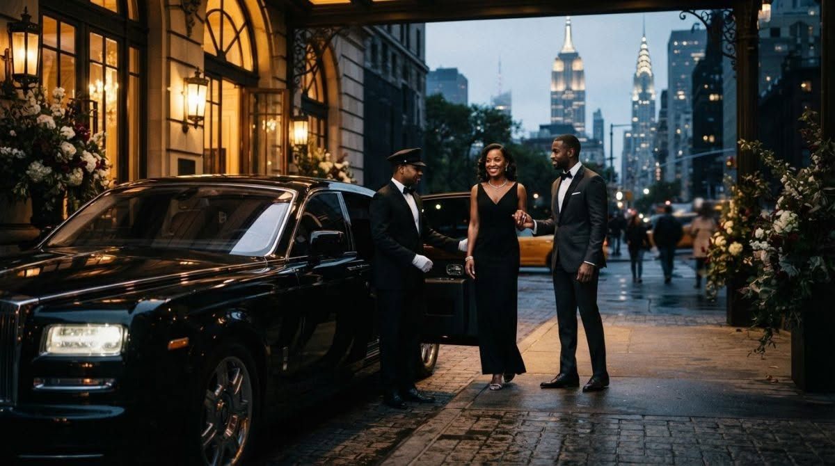 Well-dressed people stand beside a black car on a rainy city street at night, with a lit skyline beyond.