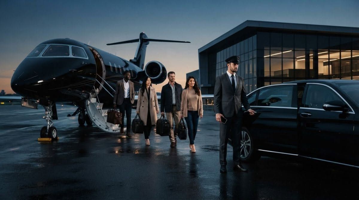 Business travelers near a private jet and black car on a wet runway at dusk